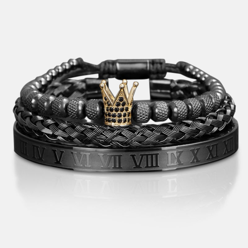 Antonios Crown Bracelet Set with woven chains and crown detail in stainless steel.