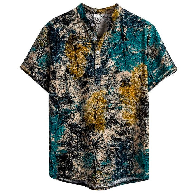 Antonios Casual Hawaiian Short-Sleeve Shirt in linen fabric with abstract pattern for men, ideal for summer outings.