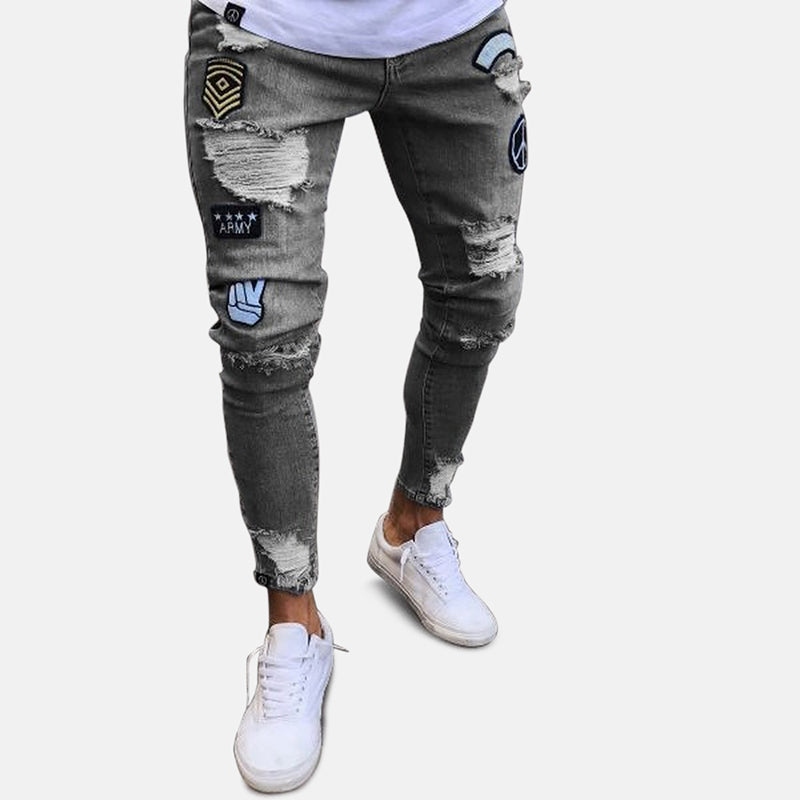 Antonios Parker Ripped Jeans in dark denim, showcasing stylish patches and distressed detailing, perfect for smart casual wear.