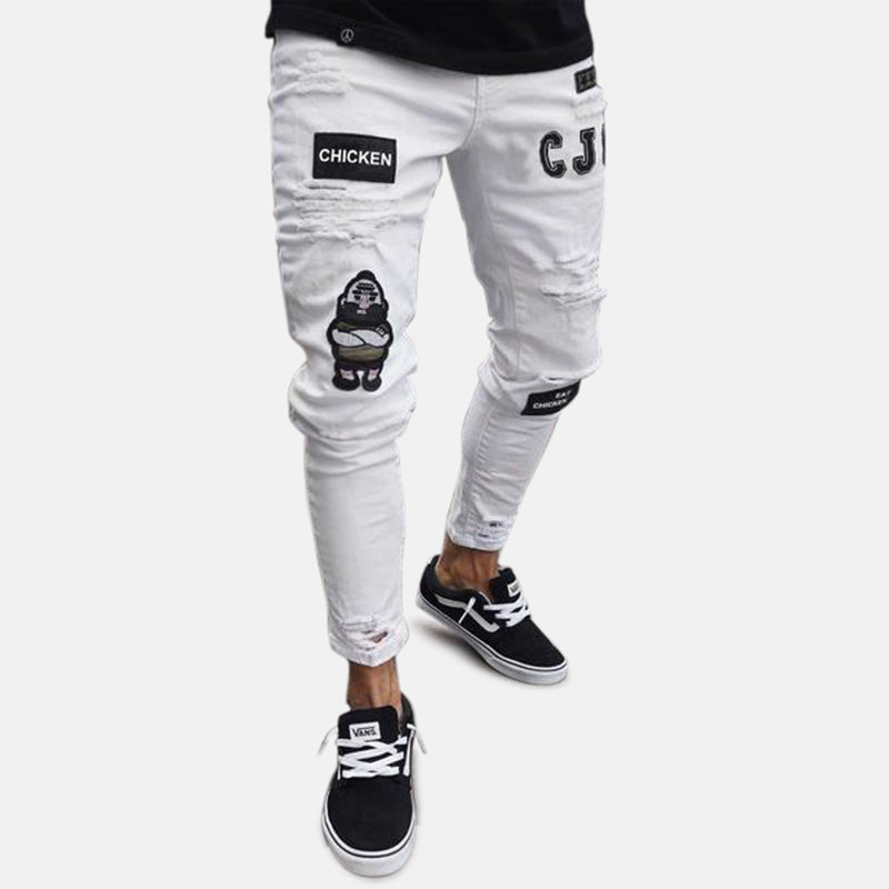 Antonios Parker Streetwear Jeans in white with unique graphic patches and distressed style, ideal for smart casual wear.