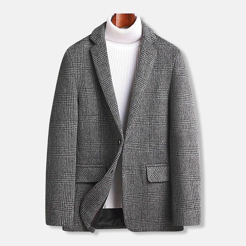 Antonios plaid pattern men blazer in gray, woolen fabric, casual style for spring and autumn.
