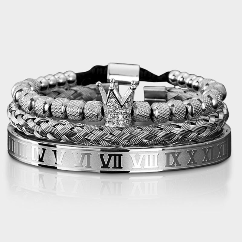 Antonios Royal stainless steel bracelet with woven chains and crown design for men.