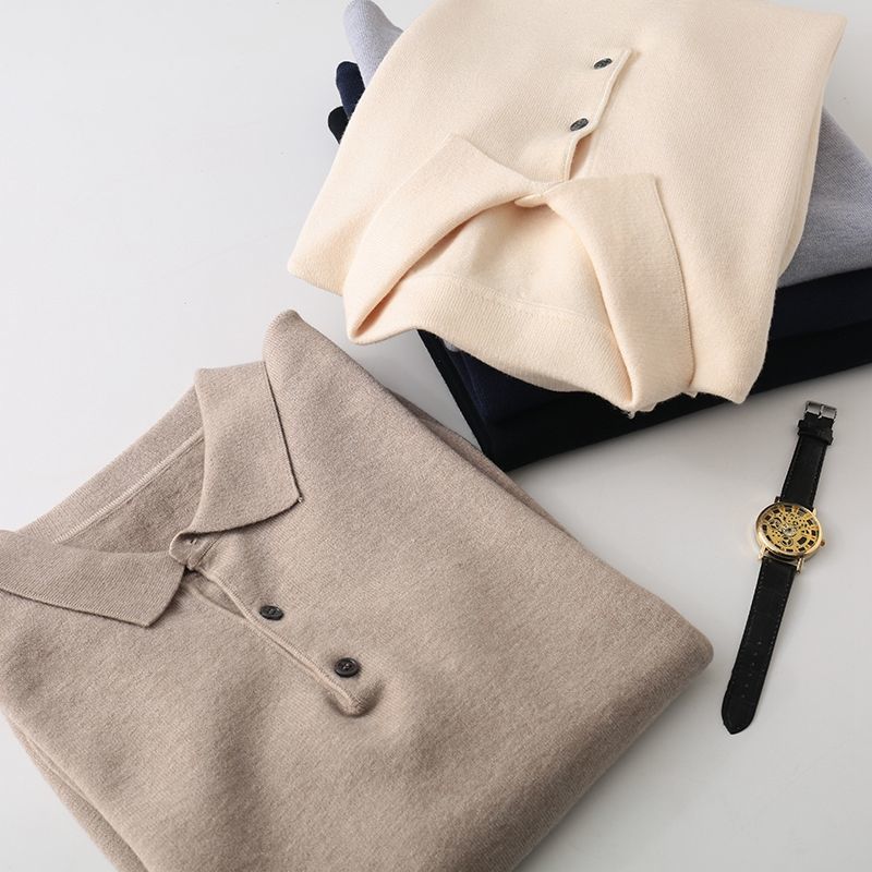 Antonios Cashmere Cotton Blend Casual Sweater Men in beige and cream with button accents, displayed with a watch.