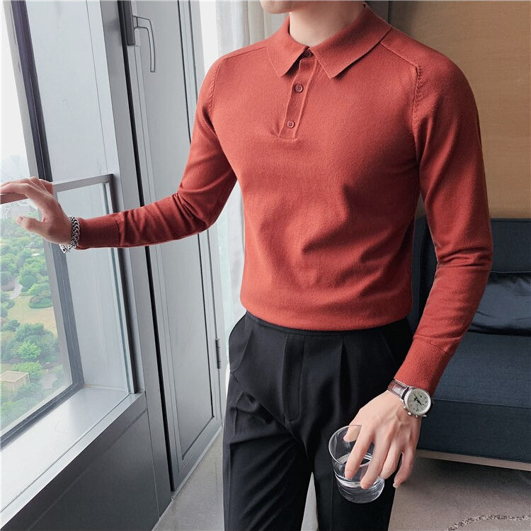 Antonios Casual Slim Long Sleeved Polo T-Shirt Men in red, featuring a tailored fit and breathable 100% cotton fabric.