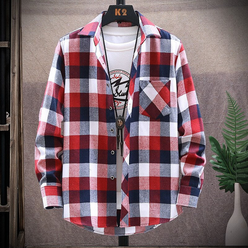 Plaid pattern men's autumn jacket hanging on hanger, featuring red, blue, and white colors.