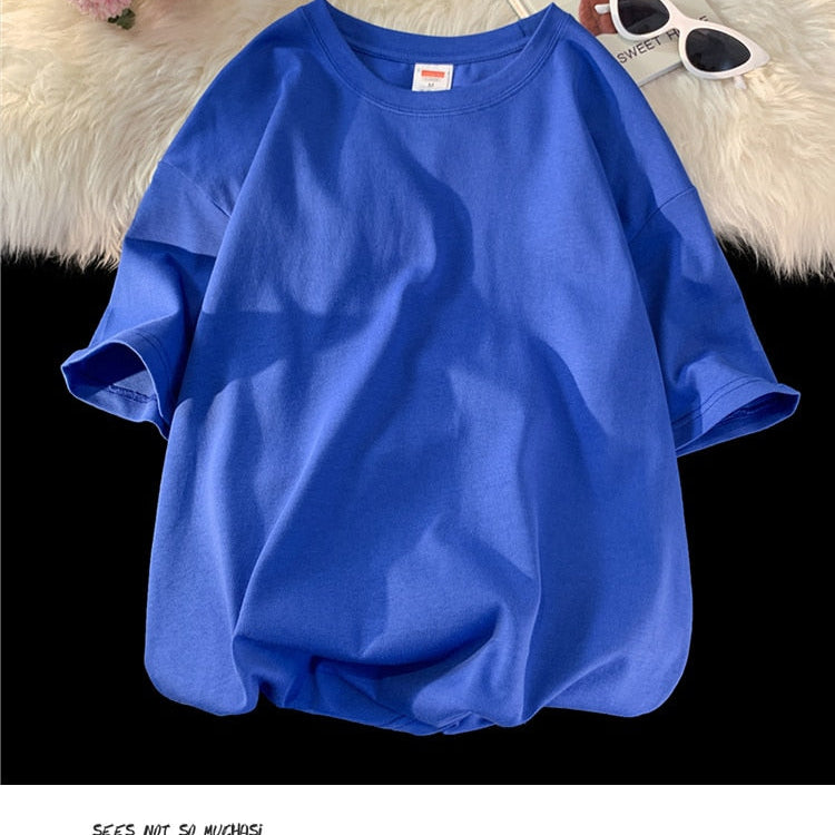 Antonios Oversized Casual Cotton T-Shirt in blue with short sleeves and ribbed crew neck.