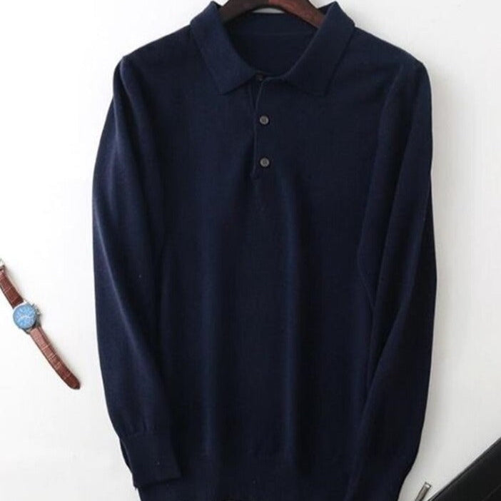 Antonios Cashmere Cotton Blend Casual Sweater in navy blue on hanger.
