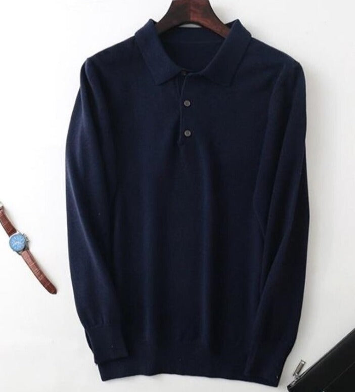 Antonios Cashmere Cotton Blend Casual Sweater in navy blue on hanger.