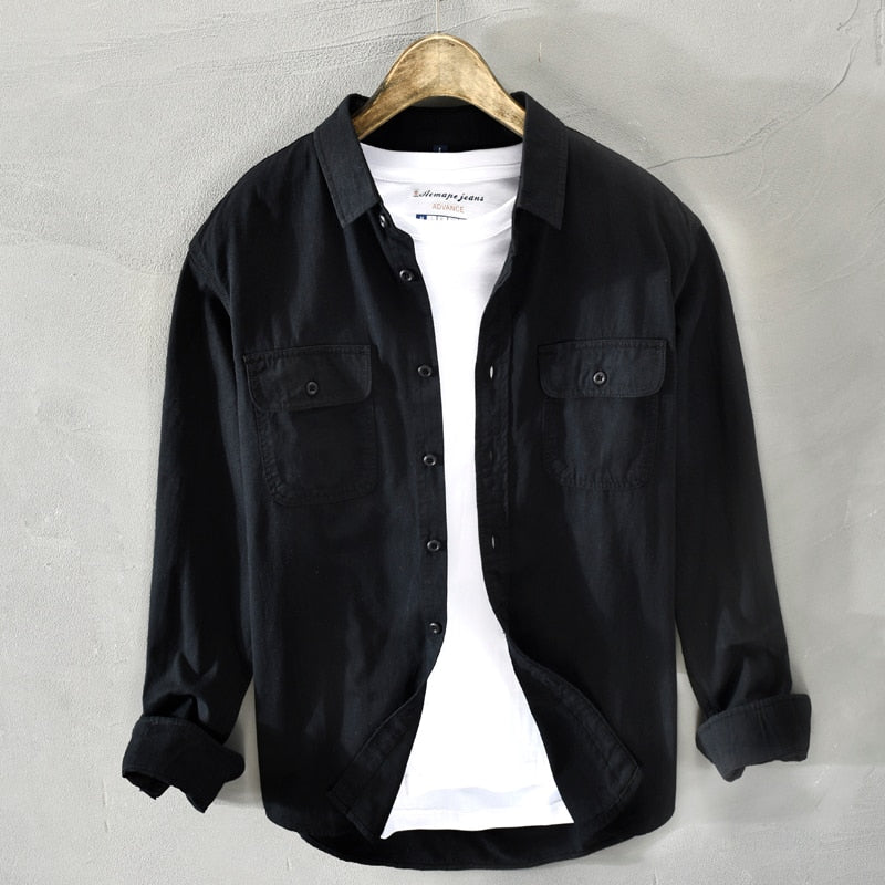 AntoniosClothing Cotton Long Sleeve Shirt, black with classic collar, displayed on hanger.