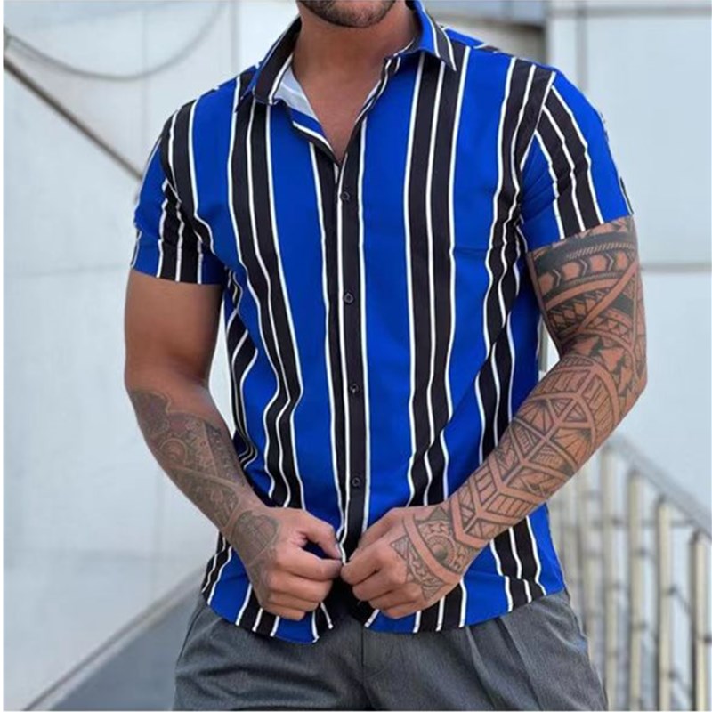 Men's summer vintage striped shirt in blue, featuring a reinforced collar for a polished look, by AntoniosClothing.