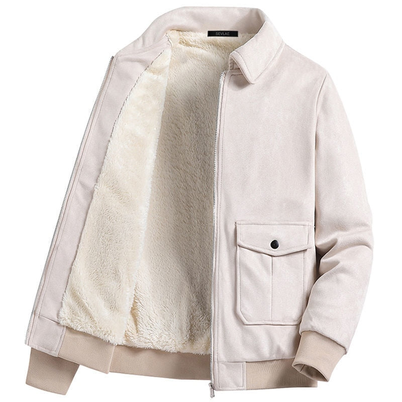 Antonios Suede Winter Fur Jacket, men's casual suede jacket with fur lining, available in black, khaki, and gray.