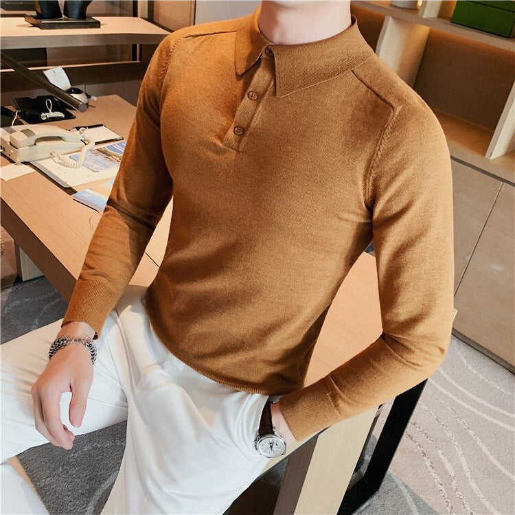 Antonios Casual Slim Long Sleeved Polo T-Shirt Men in caramel color, 100% cotton, stylish and breathable.