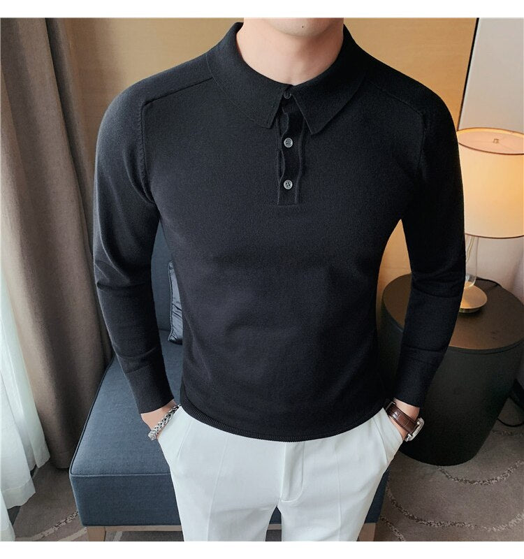 Antonios Casual Slim Long Sleeved Polo T-Shirt Men in black, 100% cotton, stylish and breathable.