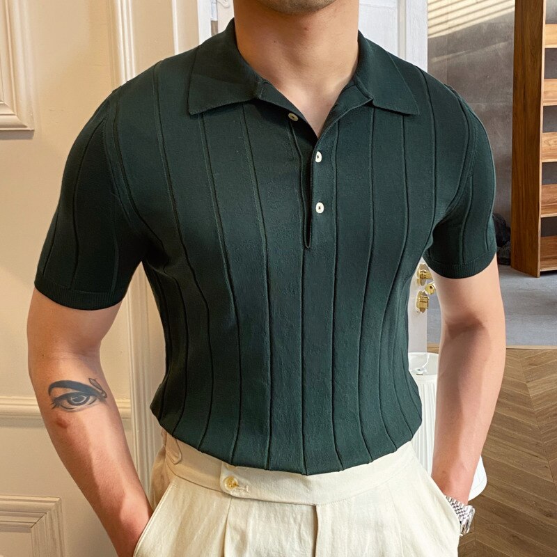 AntoniosClothing Polo Italy T-Shirt in green with striped pattern, modern slim fit, breathable cotton blend fabric.