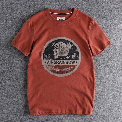 America Retro T-Shirt with vintage design featuring "Air & Rainbow" graphic on red cotton fabric.