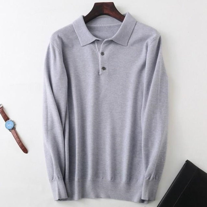 Gray cashmere cotton blend casual sweater for men with a collared design and button closure.