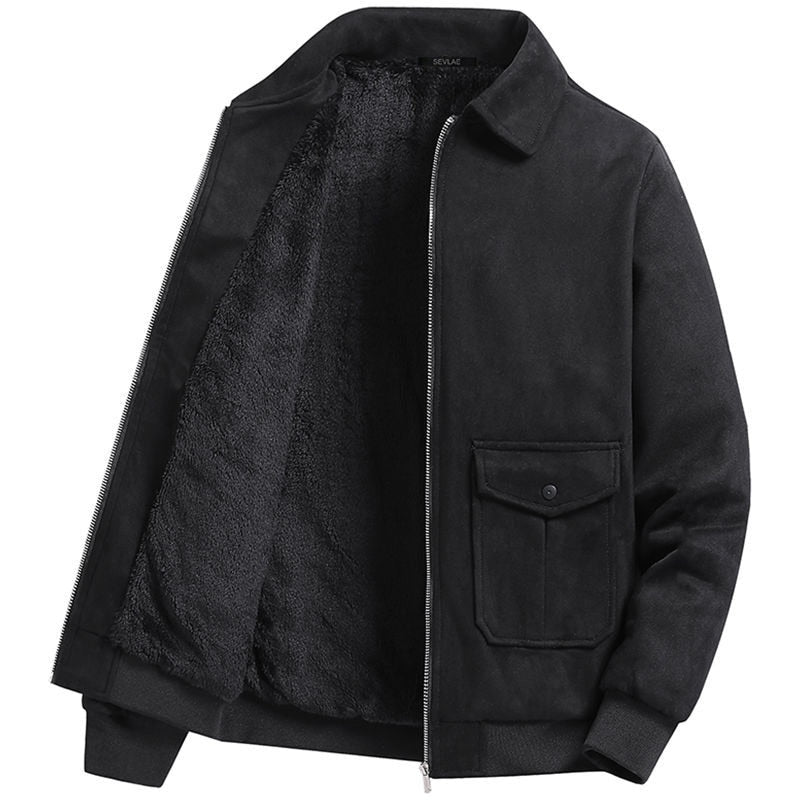 Men's black suede winter fur jacket with fleece lining.