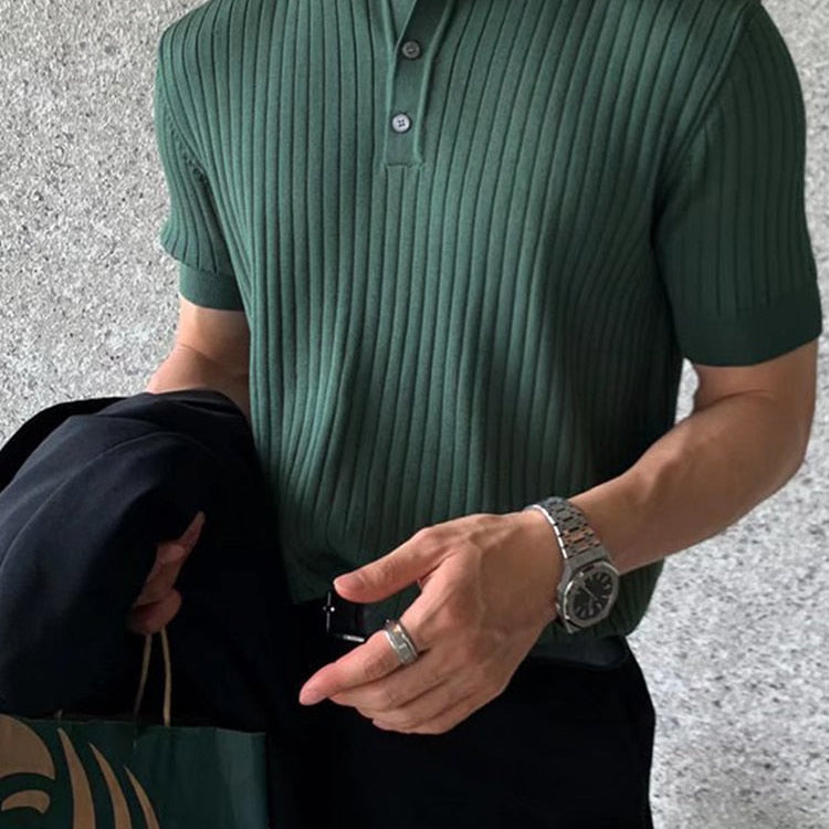 AntoniosClothing Elastic Casual Polo T-Shirt in green with ribbed pattern, breathable cotton blend, perfect for smart casual wear.