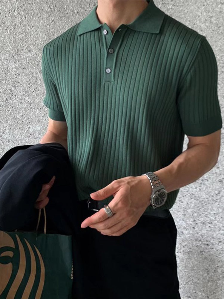 AntoniosClothing Elastic Casual Polo T-Shirt in green with ribbed pattern, breathable cotton blend, perfect for smart casual wear.