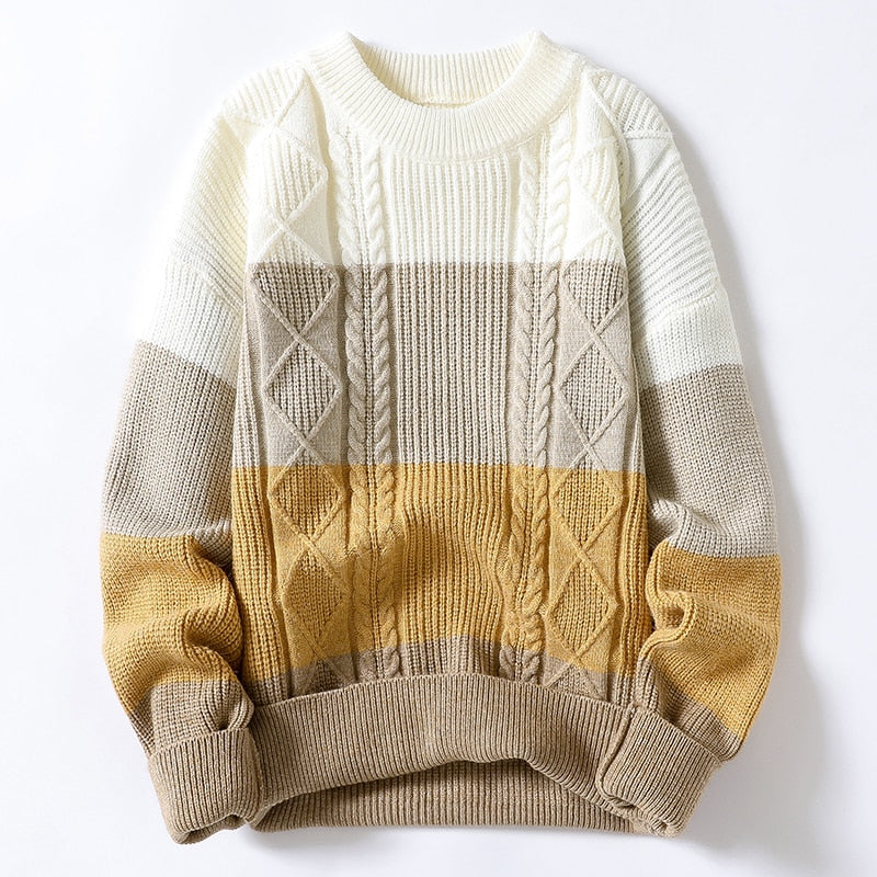Antonios Large Winter Sweater for Men in beige, white, and mustard stripe pattern, made from wool and polyester.