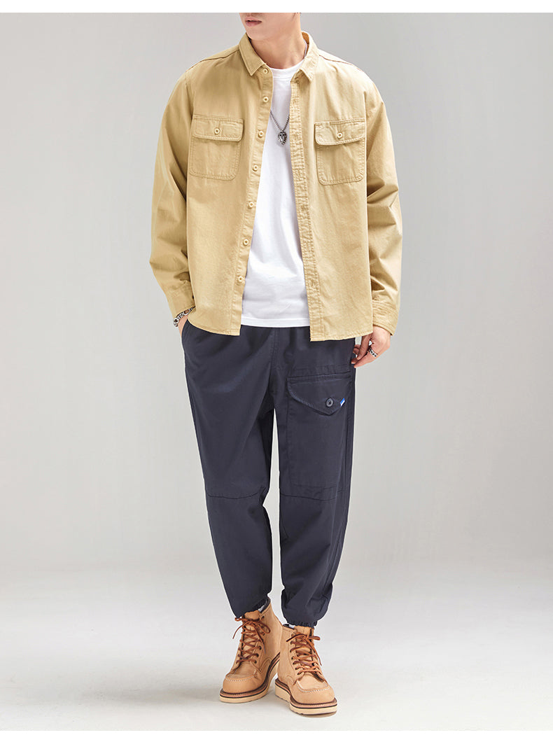 AntoniosClothing Cotton Long Sleeve Shirt with classic collar, styled casually with dark pants and tan boots.