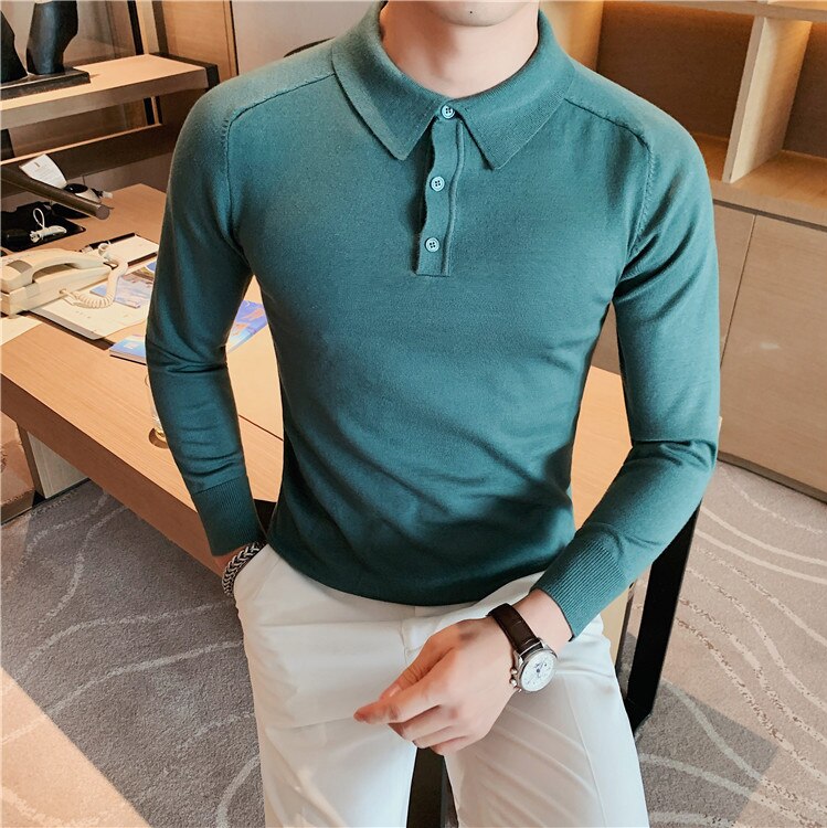 Antonios Casual Slim Long Sleeved Polo T-Shirt for Men in green, featuring a solid pattern and made of 100% organic cotton.