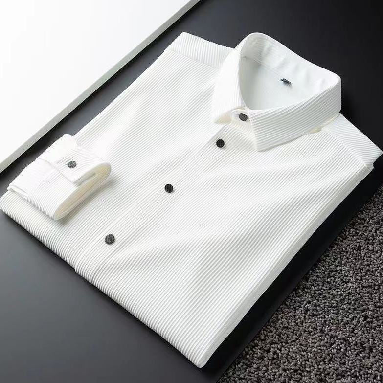 Business casual long-sleeve shirt with turn-down collar, folded, white solid pattern, made from organic cotton and spandex.