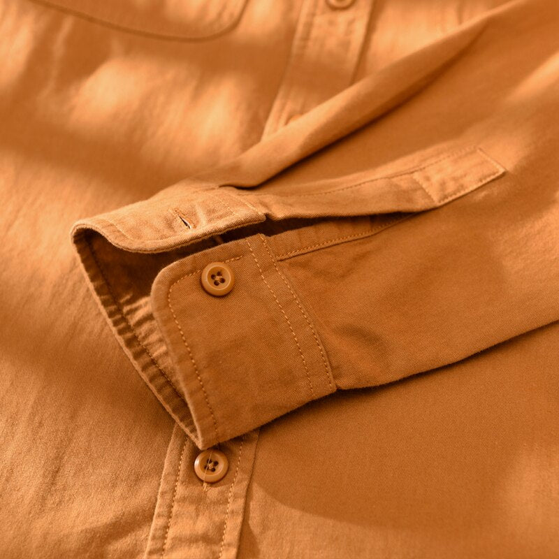 AntoniosClothing Cotton Long Sleeve Shirt in tan color, organic cotton material, classic collar, men’s casual and elegant style.