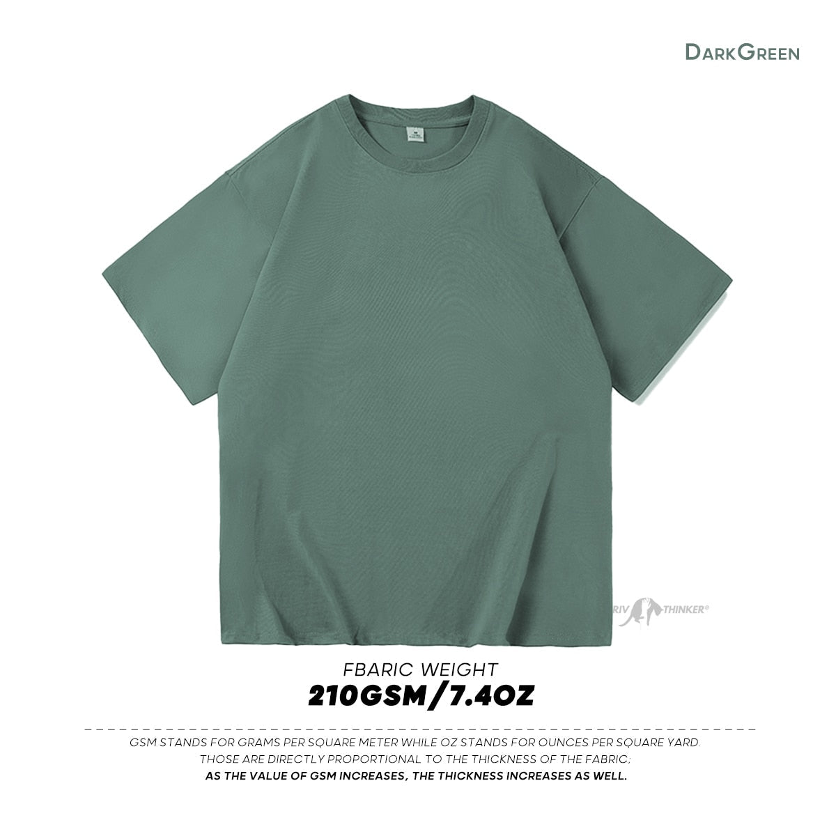 Dark green oversized casual cotton t-shirt, short sleeves, 210 GSM fabric weight.