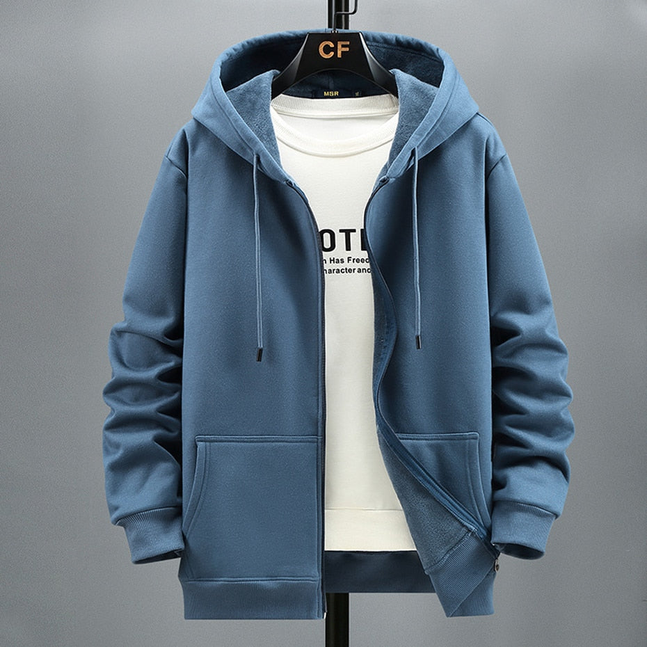 Antonios Solid Hooded Jacket Men in blue, cotton and wool blend, casual style.