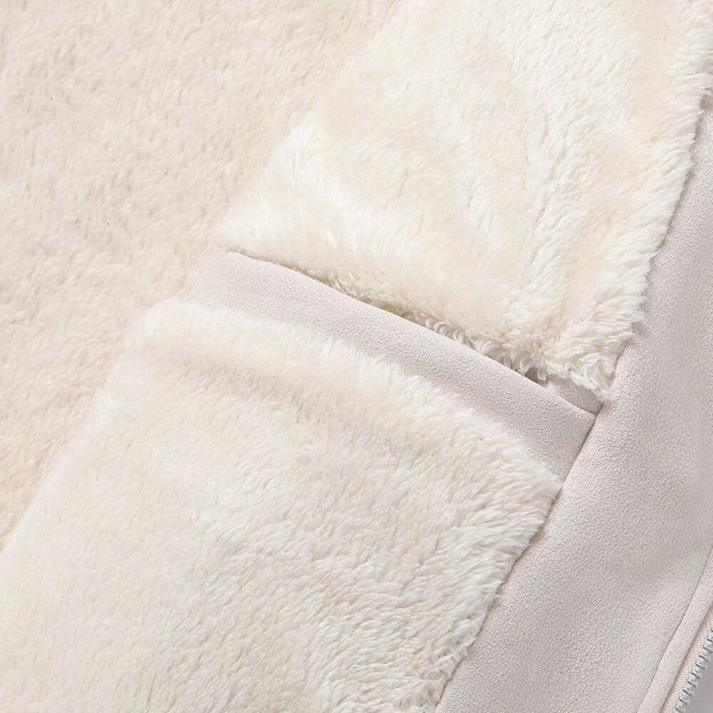 Close-up of the fur and fleece lining inside the Antonios Suede Winter Fur Jacket.