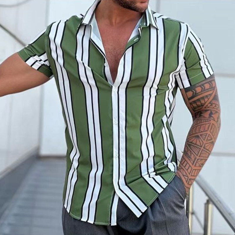 AntoniosClothing vintage striped shirt in green with short sleeves, styled for men's smart casual wear.