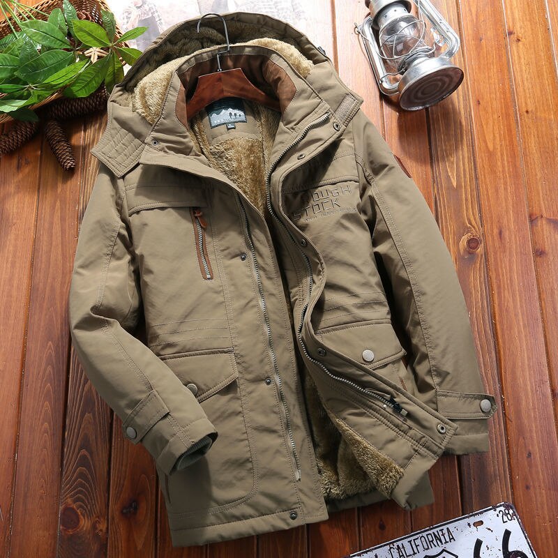 Antonios WindBreaker Hooded Jacket for Men in Khaki on wooden background.