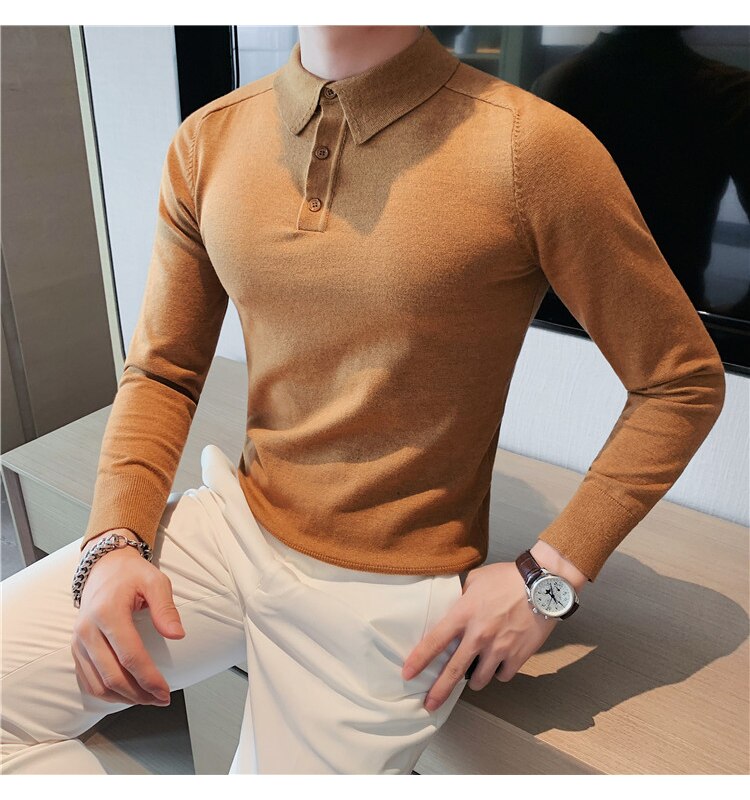 Antonios Casual Slim Long Sleeved Polo T-Shirt in caramel, premium 100% cotton, ultra-soft and breathable, stylish casual wear.