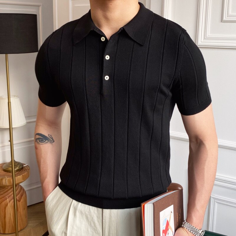 AntoniosClothing Polo Italy T-Shirt in black, modern slim fit, soft cotton blend, breathable fabric.