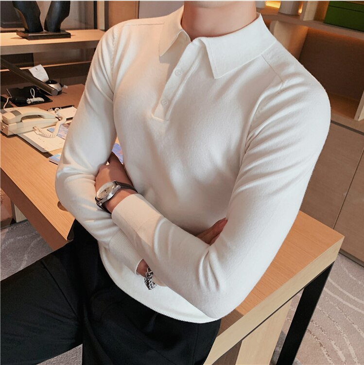 Antonios Casual Slim Long Sleeved Polo T-Shirt Men in white, made from 100% cotton.