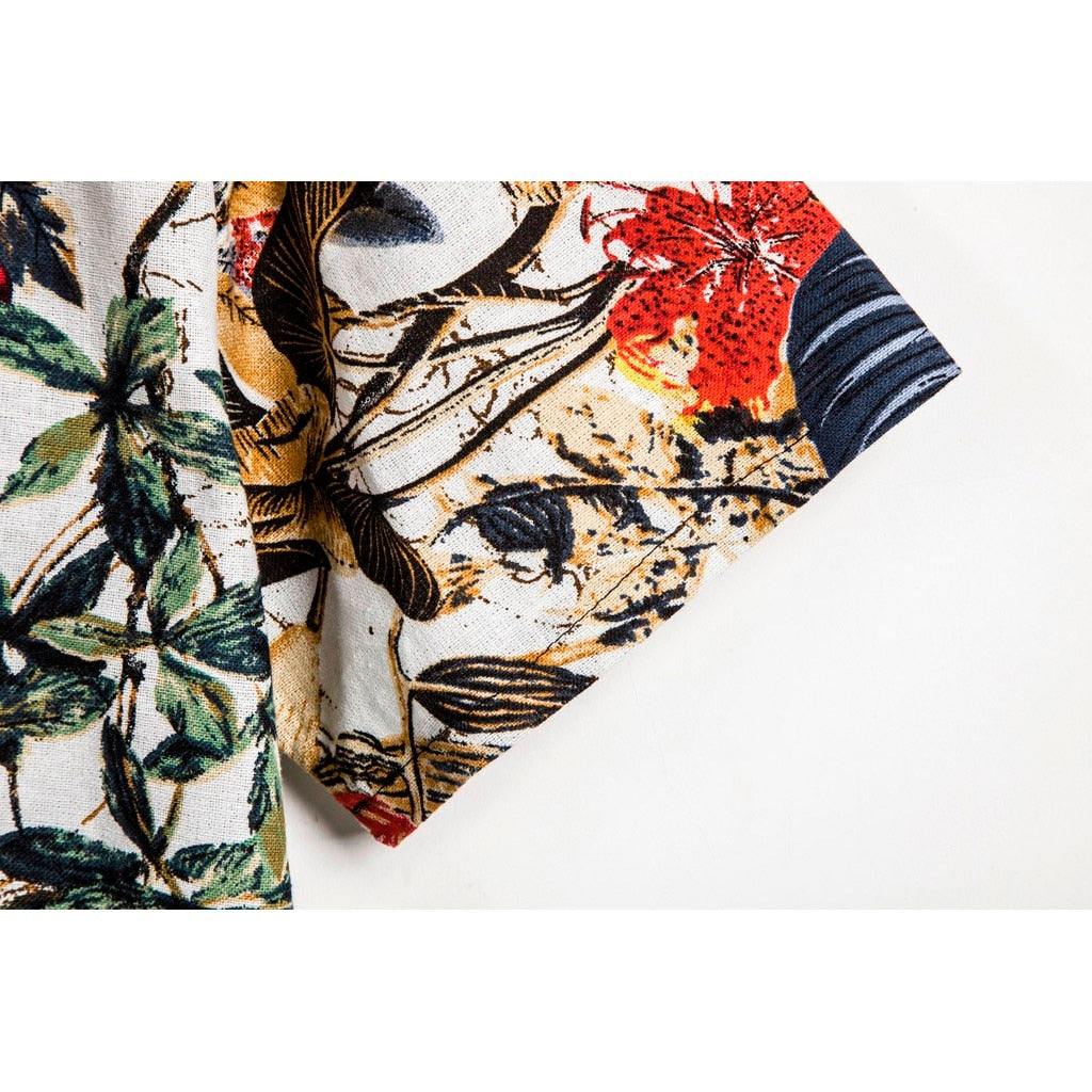 Close-up of Antonios Hawaiian Printed Shirt showcasing vibrant floral pattern and premium cotton material.