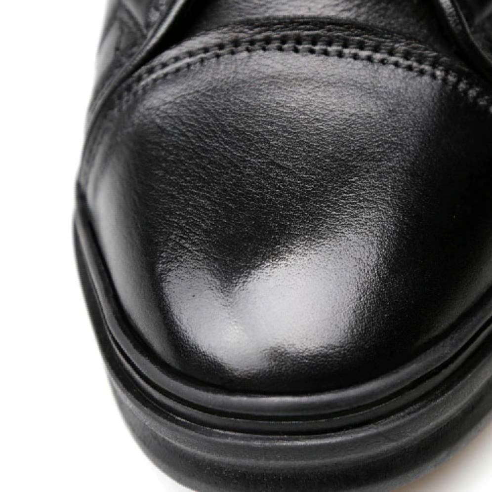 Close-up of AntoniosClothing Genuine Leather Black High-Shoes showing sleek finish.