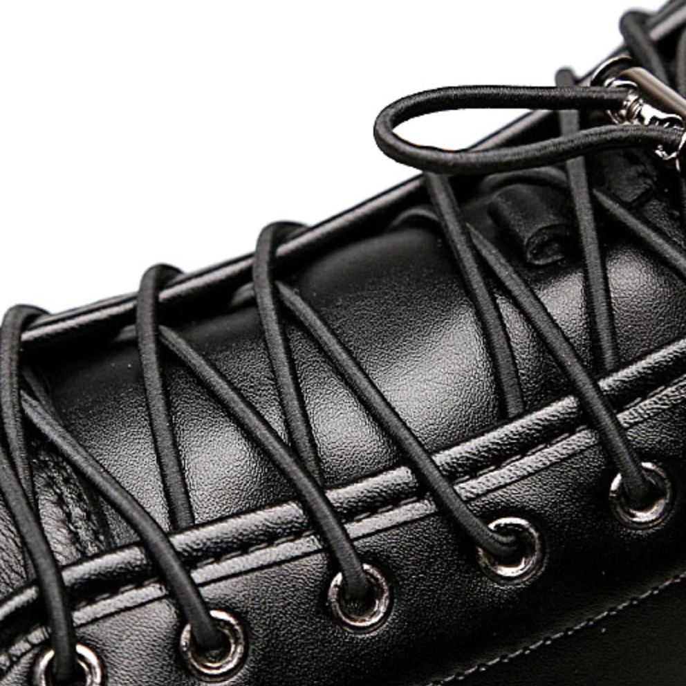 AntoniosClothing Genuine Leather Black High-Shoes, close-up of laces and stitching.