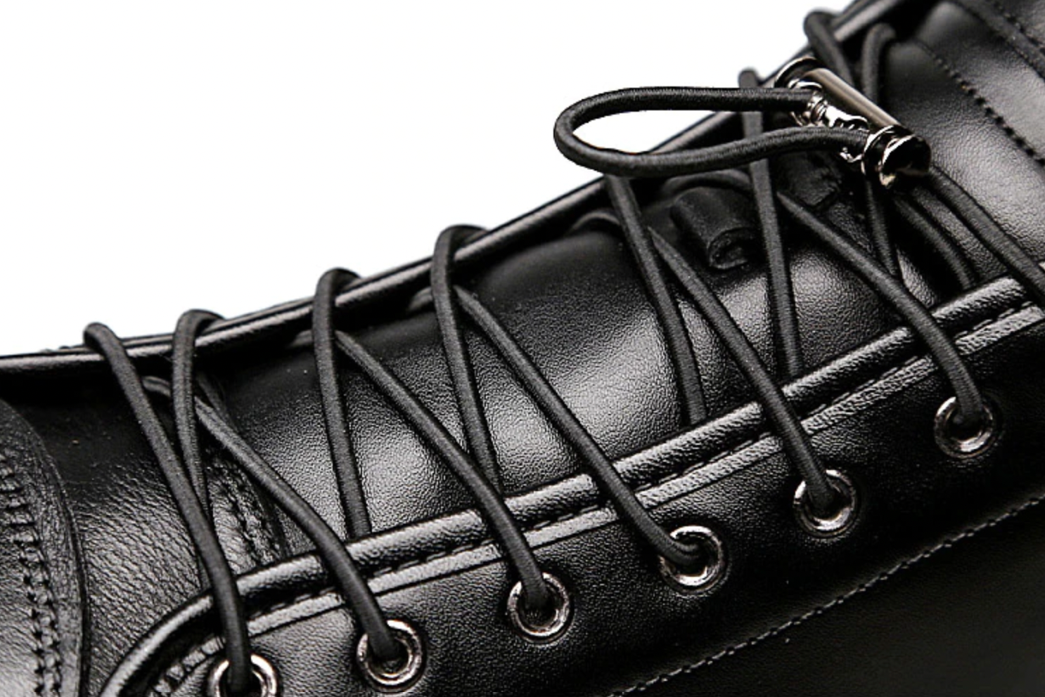 AntoniosClothing Genuine Leather Black High-Shoes, close-up of laces and stitching.