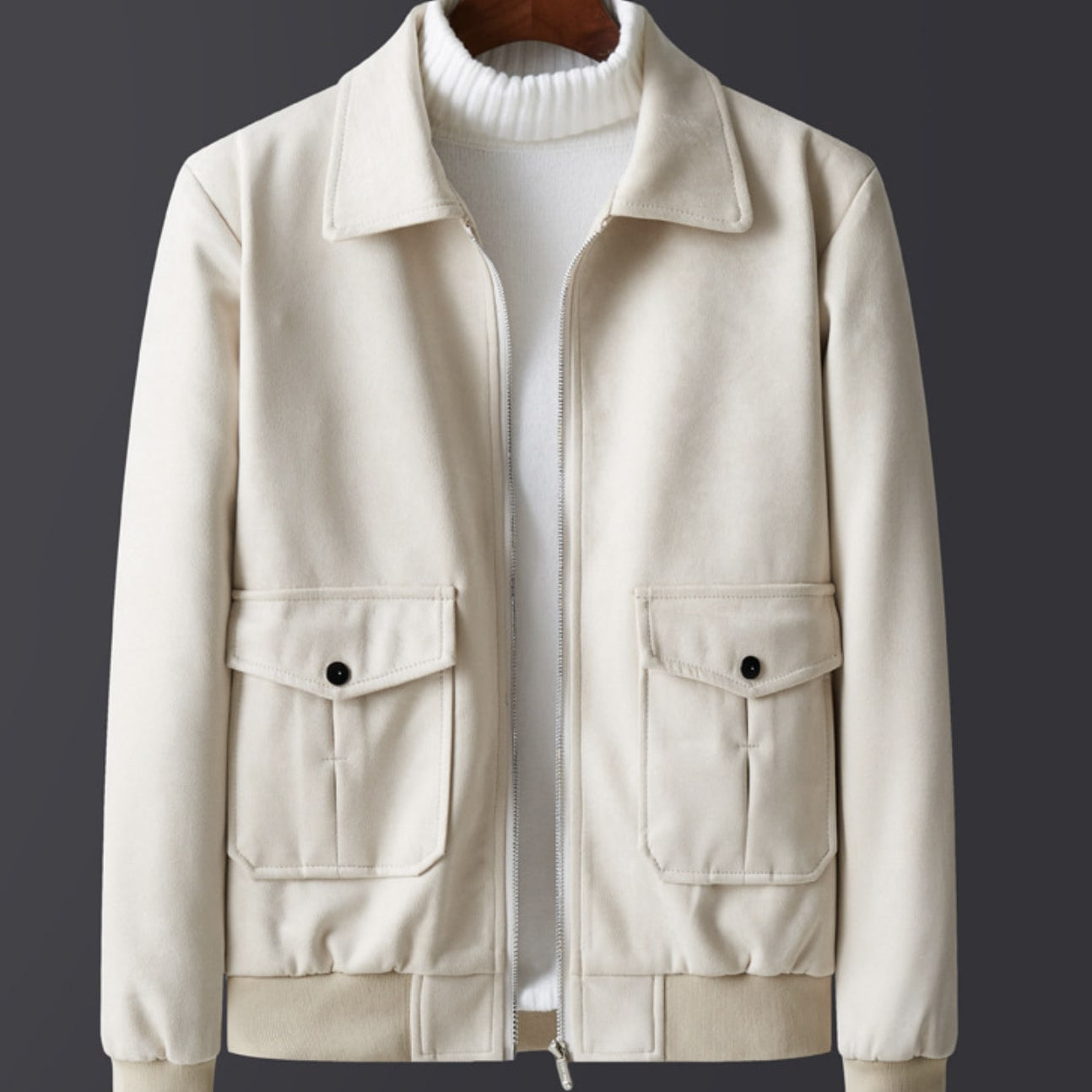 Casual men's suede winter fur jacket with fleece lining and front pockets, ideal for cold seasons.