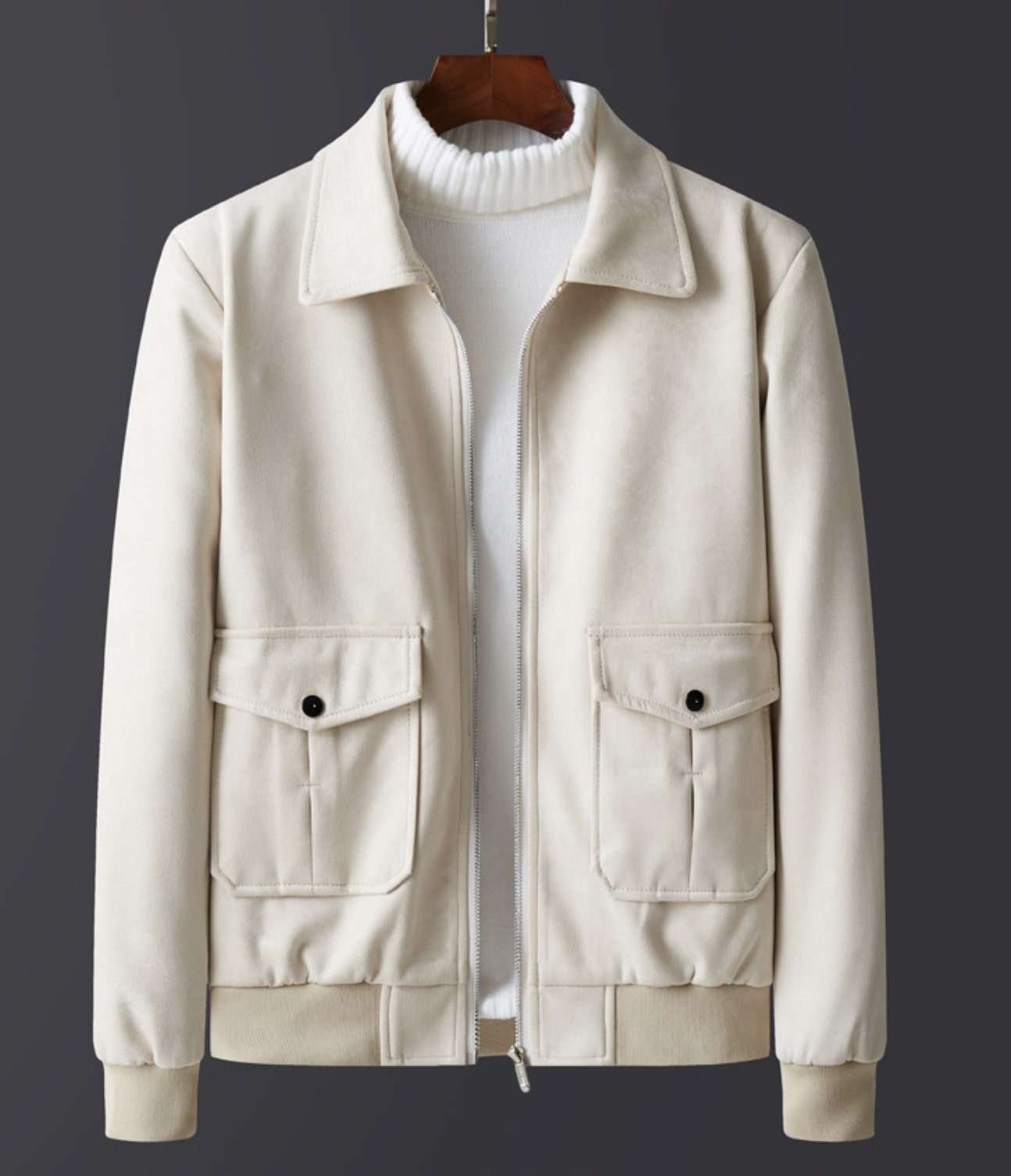 Casual men's suede winter fur jacket with fleece lining and front pockets, ideal for cold seasons.