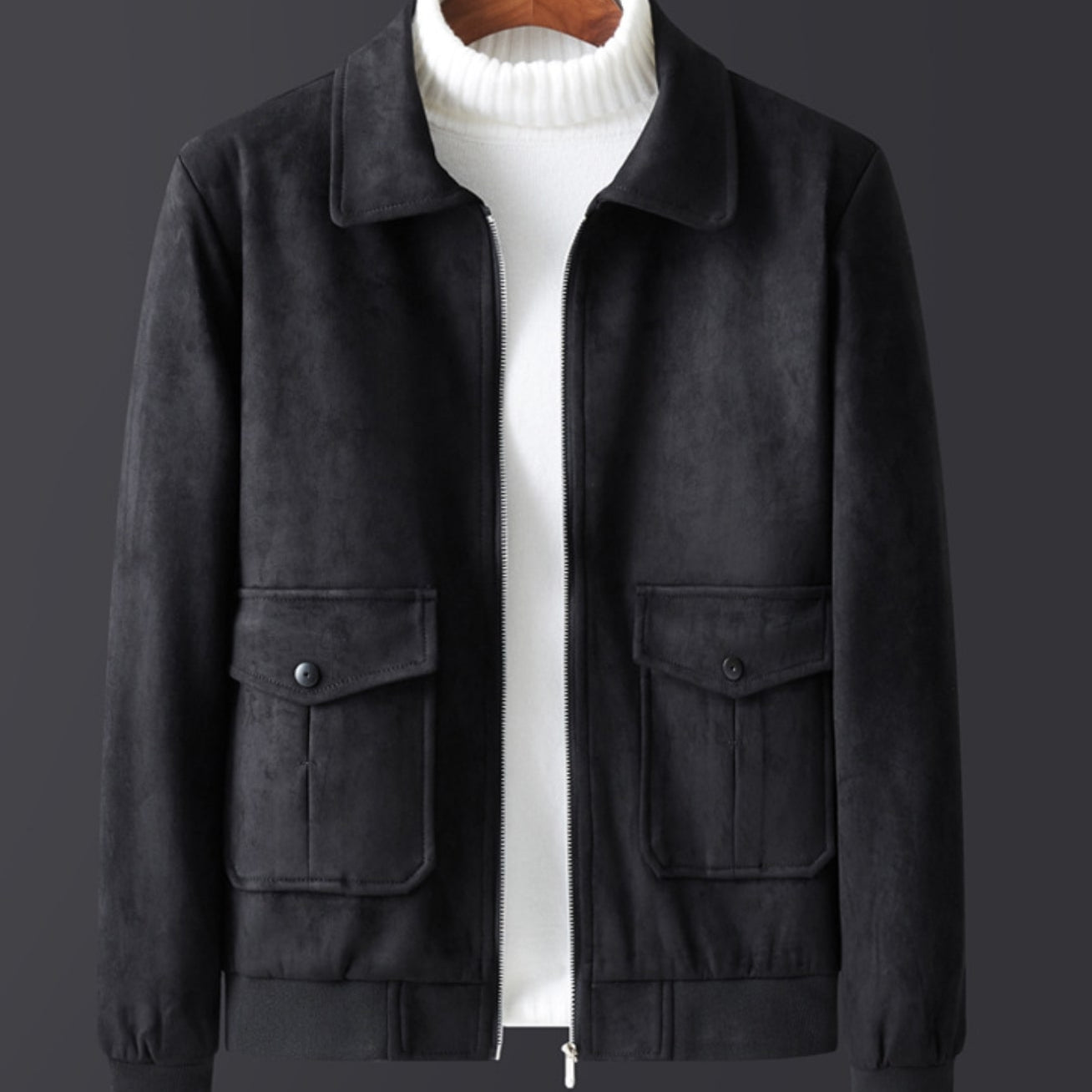 Antonios Suede Winter Fur Jacket in black, featuring ecological suede leather and fur lining for warmth.