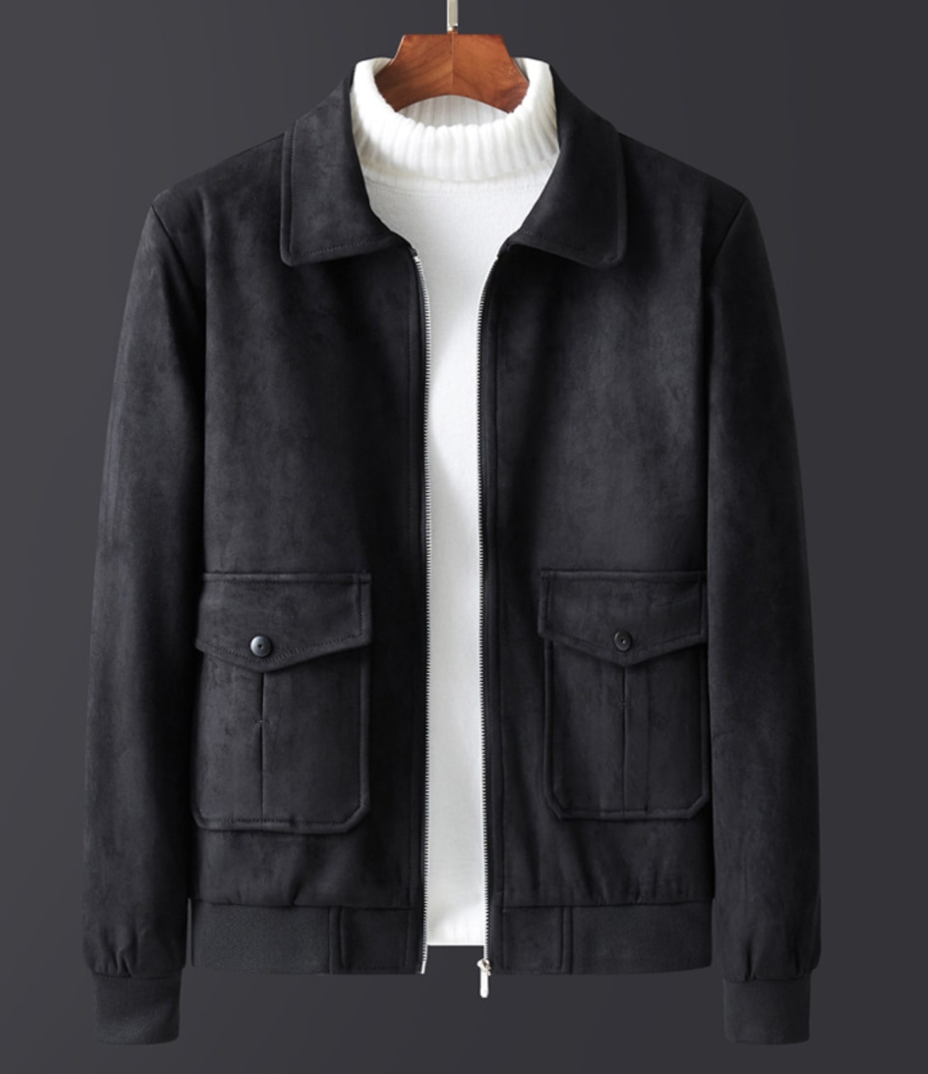 Antonios Suede Winter Fur Jacket in black, featuring ecological suede leather and fur lining for warmth.