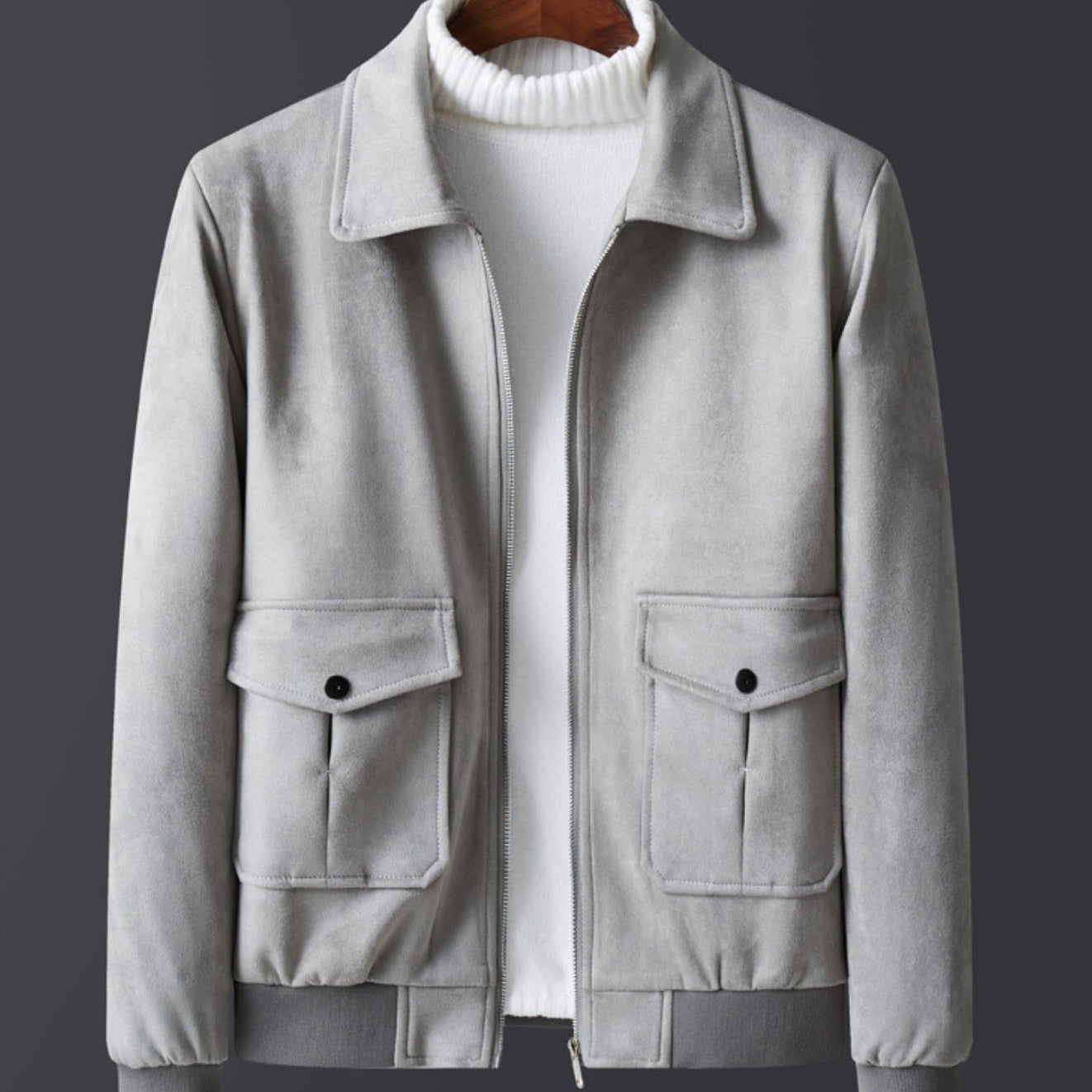 Antonios Suede Winter Fur Jacket in gray displayed on hanger.