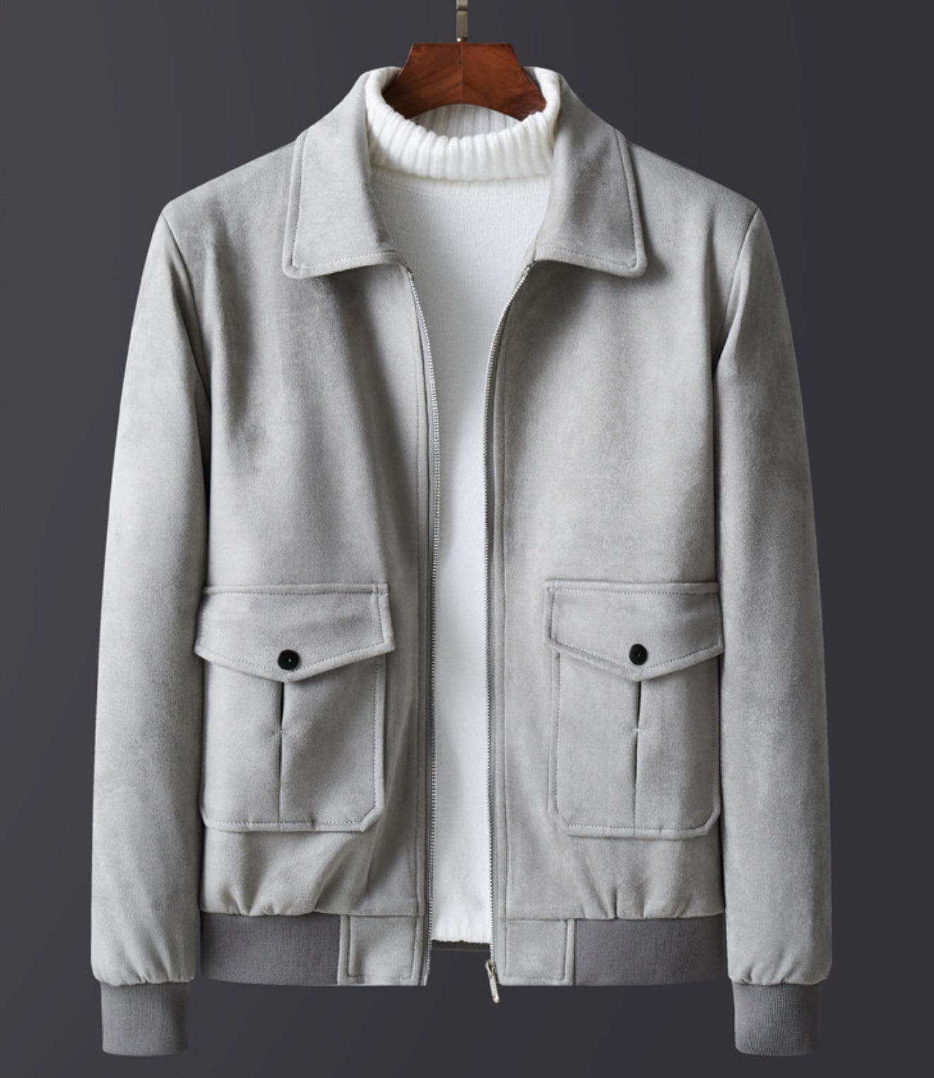 Antonios Suede Winter Fur Jacket in gray displayed on hanger.