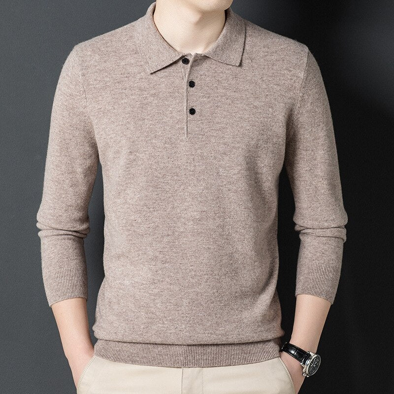 Antonios Cashmere Cotton Blend Casual Sweater Men in beige with buttoned collar and long sleeves.