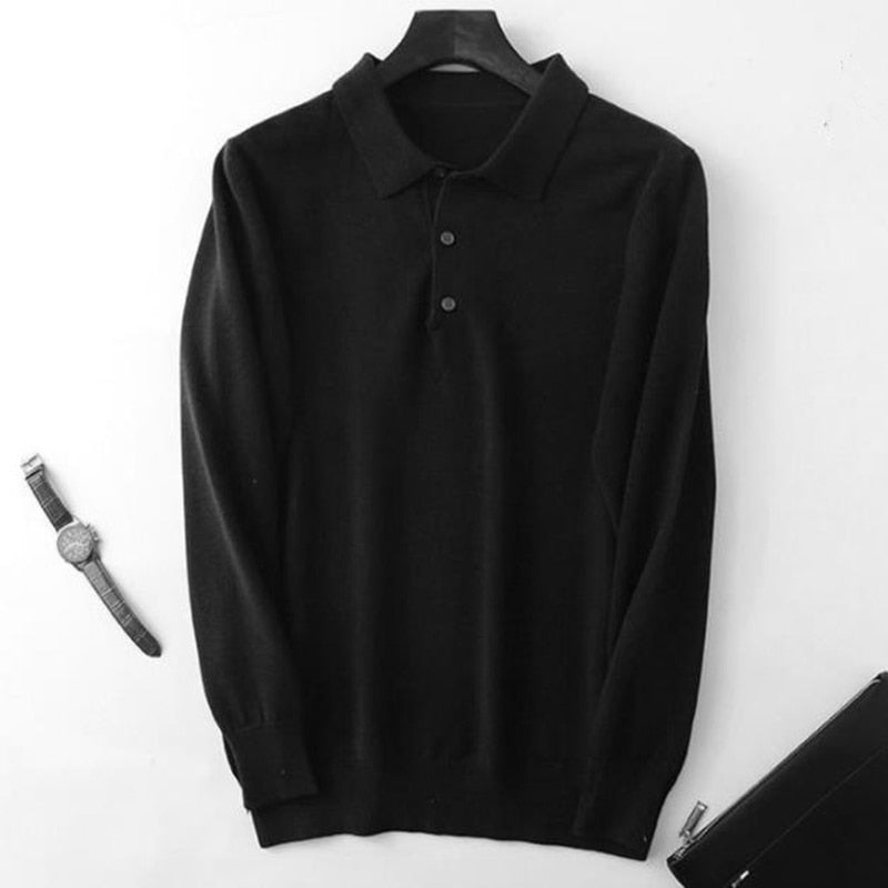 Antonios Cashmere Cotton Blend Casual Sweater Men in black with striped pattern and three-button collar.