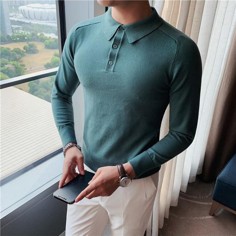 Antonios Casual Slim Long Sleeved Polo T-Shirt Men in green, ultra-soft 100% cotton, stylish and breathable design.