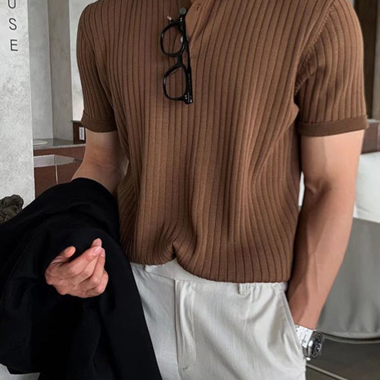 AntoniosClothing Elastic Casual Polo T-Shirt in coffee color with striped pattern, modern smart casual style.